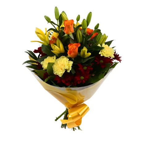 Red Sunshine BouquetBeautiful Red Sunshine Orange Bouquet, Roses and Lillies with foliage, wrapped with matching ribbon. Beautifully wrapped and tied with ribbon before being delivered.£14.99