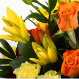Red Sunshine BouquetBeautiful Red Sunshine Orange Bouquet, Roses and Lillies with foliage, wrapped with matching ribbon. Beautifully wrapped and tied with ribbon before being delivered.£14.99