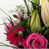 Pink Florence BouquetPink Florence Bouquet, This Lovely Pink Bouquet features matching Pink Roses, Gerberas, Pink Spray Carnations and Pink lillies, Gypsophila, punctuated with palm leaves, expertly created by our florists.£14.99