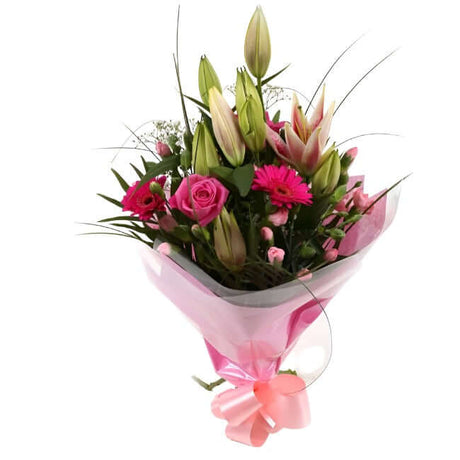 Pink Florence BouquetPink Florence Bouquet, This Lovely Pink Bouquet features matching Pink Roses, Gerberas, Pink Spray Carnations and Pink lillies, Gypsophila, punctuated with palm leaves, expertly created by our florists.£14.99