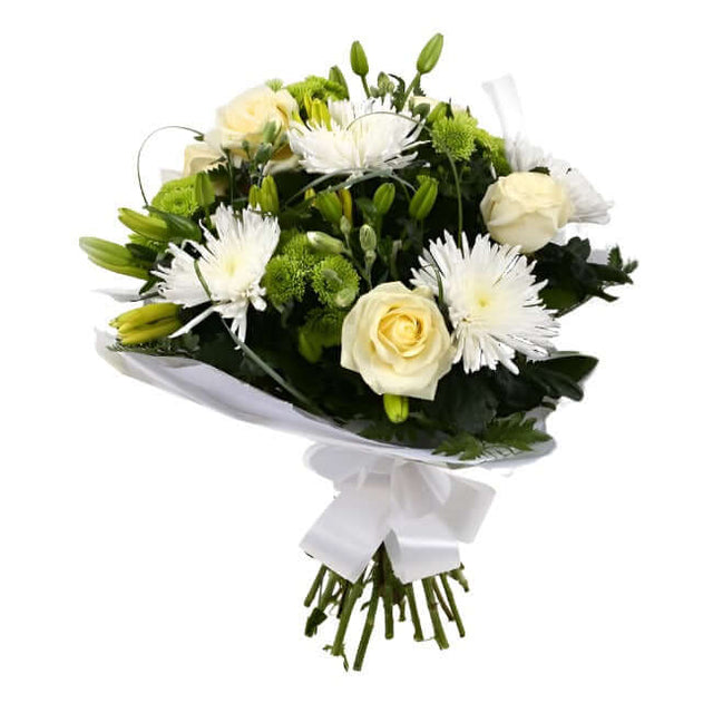 Golden Cream Flowers BouquetGolden Cream Bouquet, This lovely selection of flowers is the perfect gift for any occasion. White Boom chrysanthemums, White Cream Roses & Yellow Lillies with Shamrock flowers and assorted foliage are beautifully presented. Be