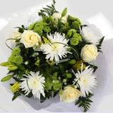 Golden Cream Flowers BouquetGolden Cream Bouquet, This lovely selection of flowers is the perfect gift for any occasion. White Boom chrysanthemums, White Cream Roses & Yellow Lillies with Shamrock flowers and assorted foliage are beautifully presented. Be