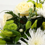 Golden Cream Flowers BouquetGolden Cream Bouquet, This lovely selection of flowers is the perfect gift for any occasion. White Boom chrysanthemums, White Cream Roses & Yellow Lillies with Shamrock flowers and assorted foliage are beautifully presented. Be