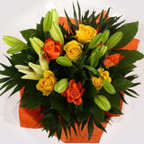 Aztec Yellow Bouquet FlowersA beautiful mix of Roses & Lillies flowers in soft shades of yellow & orange, along with palm leaves . Beautifully wrapped and tied with ribbon before being delivered.£14.99