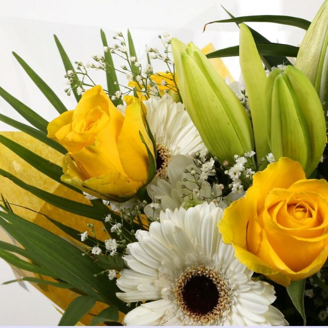 Lemon & White BouquetLemon & White Bouquet, We know how much you like this bouquet! lovely fresh Yellow Roses contrast against the white Gypsophila, with palm leaves, White Germini and Chrysanthemums, lovely bunch of flowers. Beautifully wrapped and tied