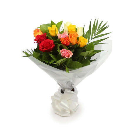 Multicolour Roses BouquetThis Beautiful Mixed Roses Bouquet, carefully selected flowers with foliage is expertly arranged to create this dramatic design. This stunning gift is the ultimate gift to create an impression. Beautifully wrapped and tied with ri