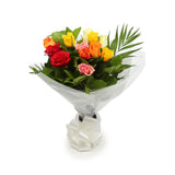 Multicolour Roses BouquetThis Beautiful Bouquet, carefully selected flowers with foliage are expertly arranged to create this dramatic design. This stunning gift is the ultimate gift to create an impression. Beautifully wrapped and tied with ribbon before