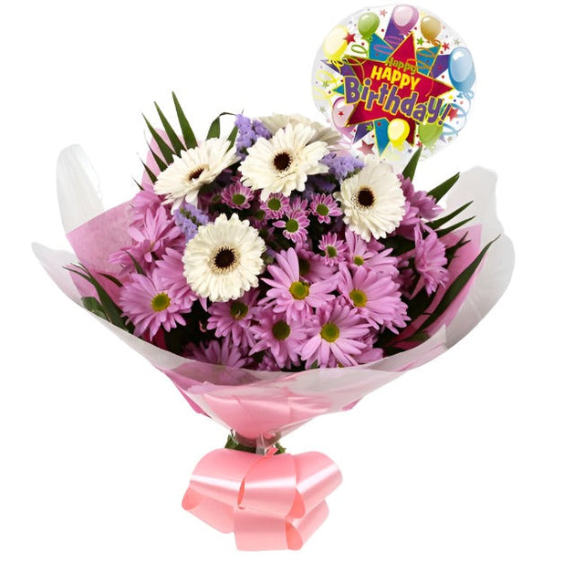 Birthday Balloon & Pink Santini FlowersBirthday Balloon & Pink Santini Bouquet, Pink Santini, Pink Chrysanthemums, Statice with White Germini combine with Foliage to create this beautifull Bouquet.£19.99