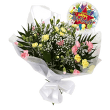 Birthday Balloon & Joyful FlowersBirthday Special With Birthday Balloon & Beautiful Joyful Bouquet,Spray Dianthus with Gypsophila and foliage, wrapped with matching ribbon. Beautifully wrapped and tied with ribbon before being delivered, stunning Bouquet