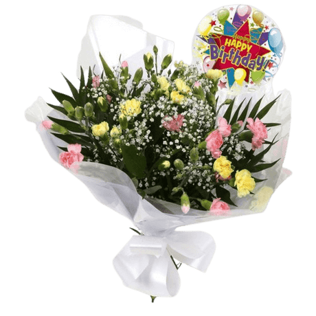 Birthday Balloon & Joyful FlowersBirthday Special With Birthday Balloon & Beautiful Joyful Bouquet,Spray Dianthus with Gypsophila and foliage, wrapped with matching ribbon. Beautifully wrapped and tied with ribbon before being delivered, stunning Bouquet