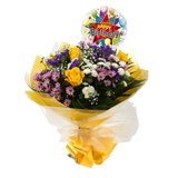 Birthday Balloon & Charm Bouquet FlowersBirthday Balloon & Charm Bouquet, This beautiful bouquet says everything. a beautiful gift,this bouquet is made up of Santini Chrsyanthemums, Yellow Roses, Statice with Foliage. Beautifully wrapped and tied with rib