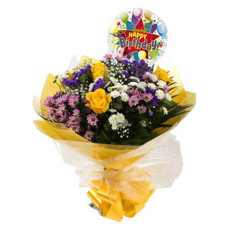 Birthday Balloon & Charm Bouquet FlowersBirthday Balloon & Charm Bouquet, This beautiful bouquet says everything. a beautiful gift,this bouquet is made up of Santini Chrsyanthemums, Yellow Roses, Statice with Foliage. Beautifully wrapped and tied with rib