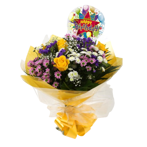Birthday Balloon & Charm Bouquet FlowersBirthday Balloon & Charm Bouquet, This beautiful bouquet says everything. a beautiful gift,this bouquet is made up of Santini Chrsyanthemums, Yellow Roses, Statice with Foliage. Beautifully wrapped and tied with rib