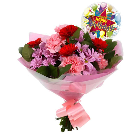 Birthday Balloon & Pink Mystique FlowersBirthday Balloon & Pink Mystique Bouquet, Whatever the occasion, this individually designed bouquet bursting with a selection of long lasting flowers with Bloom Vibrant Carnations & Germin and Pink Chrysanthemums. M