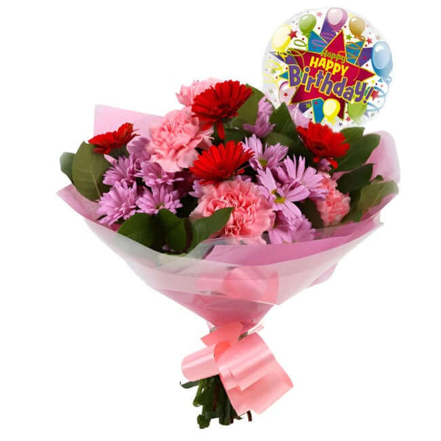 Birthday Balloon & Pink Mystique FlowersBirthday Balloon & Pink Mystique Bouquet, Whatever the occasion, this individually designed bouquet bursting with a selection of long lasting flowers with Bloom Vibrant Carnations & Germin and Pink Chrysanthemums. M