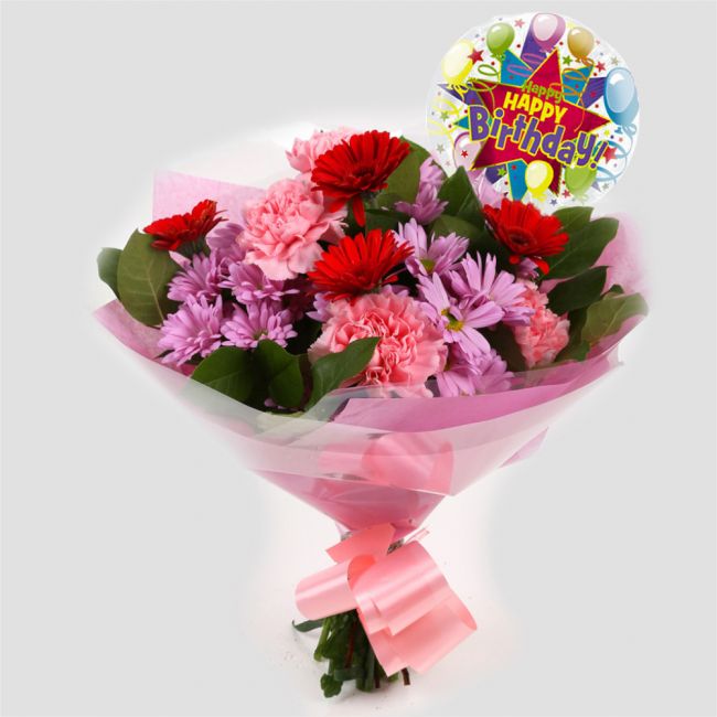 Birthday Balloon & Pink Mystique FlowersBirthday Balloon & Pink Mystique Bouquet, Whatever the occasion, this individually designed bouquet bursting with a selection of long lasting flowers with Bloom Vibrant Carnations & Germin and Pink Chrysanthemums. M