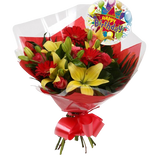 Birthday Balloon & Emporium Bouquet FlowersBirthday Balloon & Emporium Bouquet Gerberas, Roses, Oriental Lilies and Palm foliage are expertly arranged to create this dramatic design. This stunning gift is the ultimate gift to create an impression. Beautif