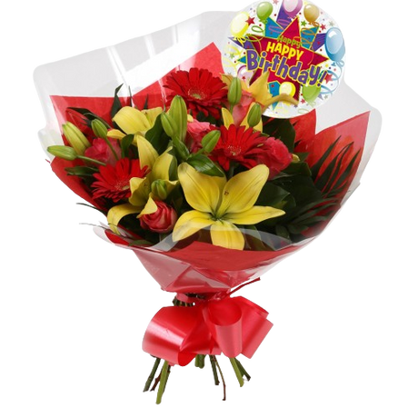 Birthday Balloon & Emporium Bouquet FlowersBirthday Balloon & Emporium Bouquet Gerberas, Roses, Oriental Lilies and Palm foliage are expertly arranged to create this dramatic design. This stunning gift is the ultimate gift to create an impression. Beautif
