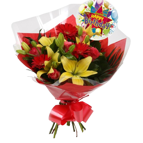 Birthday Balloon & Emporium Bouquet FlowersBirthday Balloon & Emporium Bouquet Gerberas, Roses, Oriental Lilies and Palm foliage are expertly arranged to create this dramatic design. This stunning gift is the ultimate gift to create an impression. Beautif