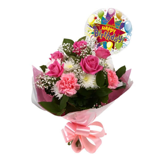 Birthday Balloon & Strawberry Pink Blush FlowersBirthday Balloon & Strawberry Pink Blush Bouquet, Pink Roses & Gypsophila and carefully selected flowers with foliage are expertly arranged to create this dramatic design. This stunning gift is the ultimate