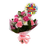Birthday Balloon & Strawberry Pink Blush FlowersBirthday Balloon & Strawberry Pink Blush Bouquet, Pink Roses & Gypsophila and carefully selected flowers with foliage are expertly arranged to create this dramatic design. This stunning gift is the ultimate