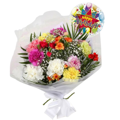 Birthday Balloon & Lollipop Star FlowersBirthday Balloon & Lollipop Star, We know how much you like this bouquet! lovely fresh Carnations contrast against the white Gypsophila, with palm leaves, a lovely Bouquet of flowers. Beautifully wrapped.£19.99