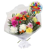 Birthday Balloon & Lollipop Star FlowersBirthday Balloon & Lollipop Star, We know how much you like this bouquet! lovely fresh Carnations contrast against the white Gypsophila, with palm leaves, a lovely Bouquet of flowers. Beautifully wrapped.£19.99