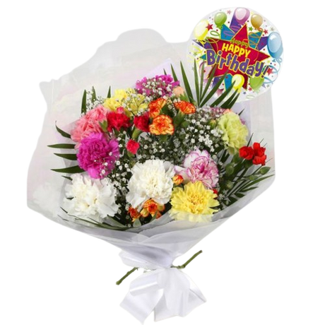 Birthday Balloon & Lollipop Star FlowersBirthday Balloon & Lollipop Star, We know how much you like this bouquet! lovely fresh Carnations contrast against the white Gypsophila, with palm leaves, a lovely Bouquet of flowers. Beautifully wrapped.£19.99