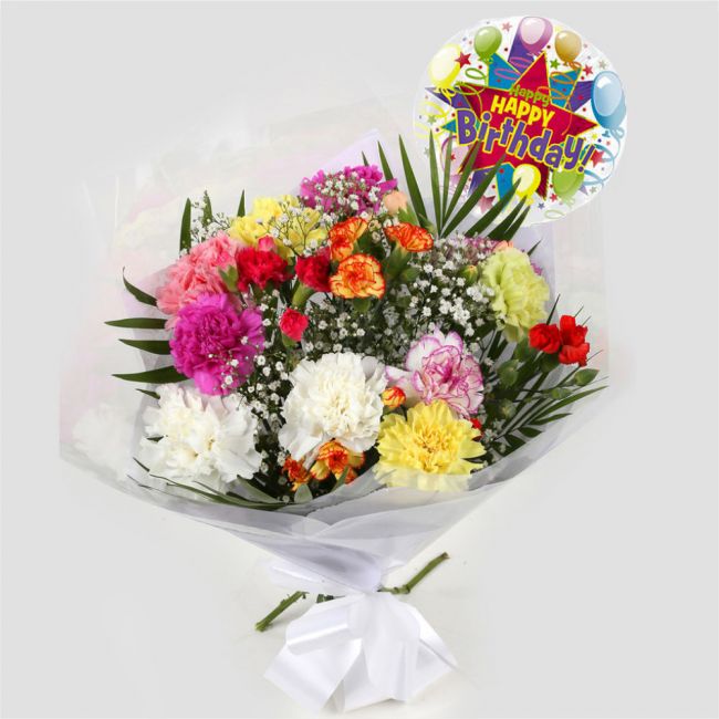 Birthday Balloon & Lollipop Star FlowersBirthday Balloon & Lollipop Star, We know how much you like this bouquet! lovely fresh Carnations contrast against the white Gypsophila, with palm leaves, a lovely Bouquet of flowers. Beautifully wrapped.£19.99