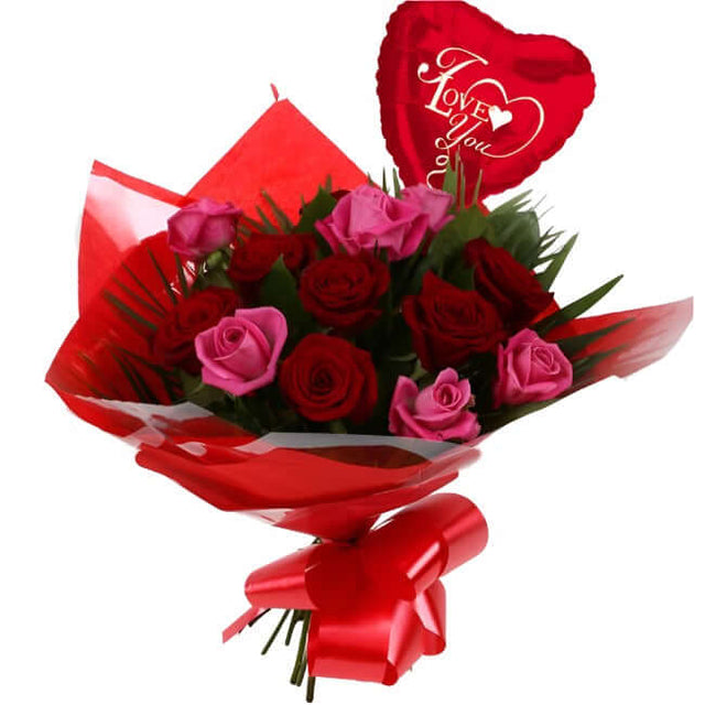Love You Balloon & Blush Roses BouquetI Love You Balloon & Blush Roses, 12 Roses, in pretty Pink and in Red, is a classic choice, ready to be displayed instantly. Beautifully wrapped and tied with ribbon.£19.99
