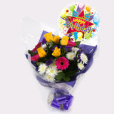 Happy Birthday Balloon & Starburst FlowersHappy Birthday Balloon & Starburst Blush Bouquet, Yellow Roses &Pink Gerberas and carefully selected flowers with foliage are expertly arranged to create this dramatic design. This stunning gift is the ultimate gi