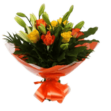 Aztec Yellow Bouquet FlowersA beautiful mix of Roses & Lillies flowers in soft shades of yellow & orange, along with palm leaves . Beautifully wrapped and tied with ribbon before being delivered.£14.99