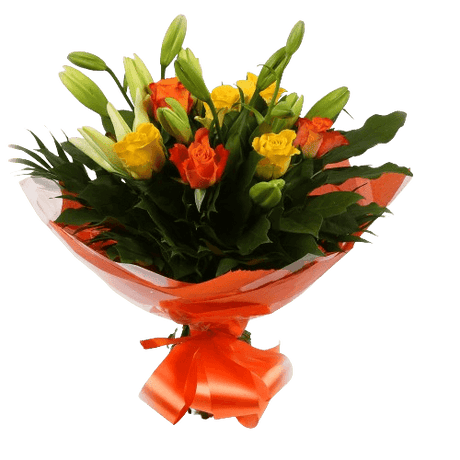 Aztec Yellow Bouquet FlowersA beautiful mix of Roses & Lillies flowers in soft shades of yellow & orange, along with palm leaves . Beautifully wrapped and tied with ribbon before being delivered.£14.99
