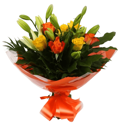 Aztec Yellow Bouquet FlowersA beautiful mix of Roses & Lillies flowers in soft shades of yellow & orange, along with palm leaves . Beautifully wrapped and tied with ribbon before being delivered.£14.99