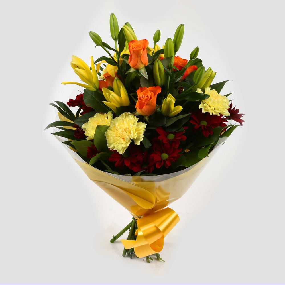 Happy Birthday Balloon & Redsunshine FlowersHappy Birthday Balloon & Beautiful Red Sunshine Orange Bouquet, Roses and Lillies with foliage, wrapped with matching ribbon. Beautifully wrapped and tied with ribbon before being delivered.£19.99
