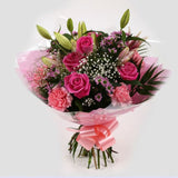 Pink Crystal BouquetBeautiful Pink Crystal Bouquet, Pink Roses and Lillies with Gypsophila, Pink Dianthus, Pink Santini flowers and foliage, wrapped with matching ribbon. Beautifully wrapped and tied with ribbon before being delivered.£14.99