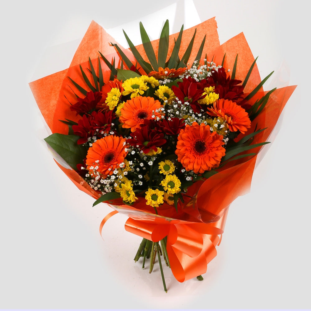 Red Fall BouquetStunning Bright Red Fall Bouquet, Gerberas with Yellow & Red Santini Flowers Chico leaves with foliage, wrapped with matching ribbon. Beautifully wrapped and tied with ribbon before being delivered.£14.99