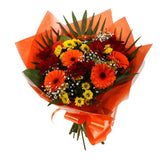 Red Fall BouquetStunning Bright Red Fall Bouquet, Gerberas with Yellow & Red Santini Flowers Chico leaves with foliage, wrapped with matching ribbon. Beautifully wrapped and tied with ribbon before being delivered.£14.99