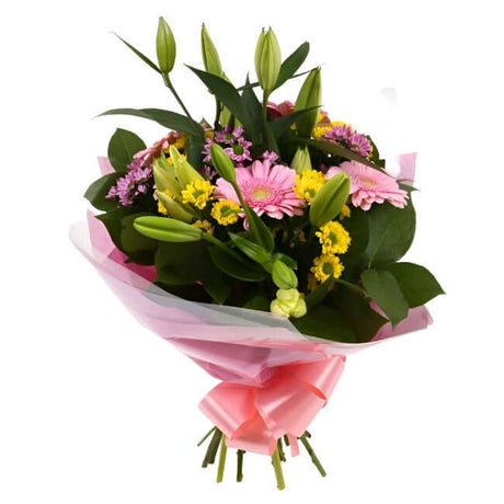 Florist Meadow Flowers BouquetFlorist Meadow Bouquet, this Bouquet contains Pink Germini, White Lillies, Pink & Yellow Santini Chrysanthemums, Beautifully wrapped and tied with ribbon before being delivered.£14.99