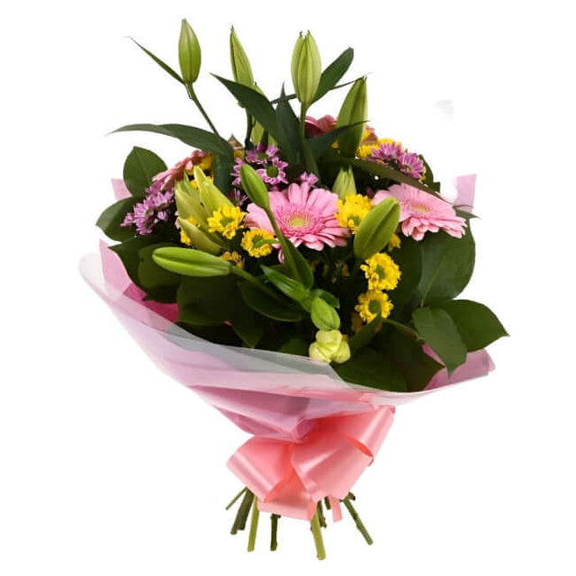 Florist Meadow Flowers BouquetFlorist Meadow Bouquet, this Bouquet contains Pink Germini, White Lillies, Pink & Yellow Santini Chrysanthemums, Beautifully wrapped and tied with ribbon before being delivered.£14.99