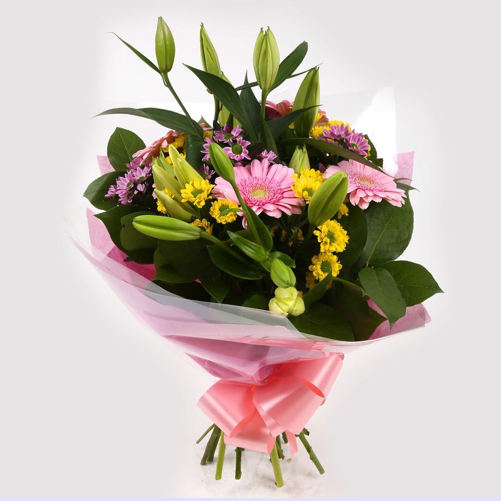 Florist Meadow Flowers BouquetFlorist Meadow Bouquet, this Bouquet contains Pink Germini, White Lillies, Pink & Yellow Santini Chrysanthemums, Beautifully wrapped and tied with ribbon before being delivered.£14.99
