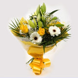 Lemon & White BouquetLemon & White Bouquet, We know how much you like this bouquet! lovely fresh Yellow Roses contrast against the white Gypsophila, with palm leaves, White Germini and Chrysanthemums, lovely bunch of flowers. Beautifully wrapped and tied
