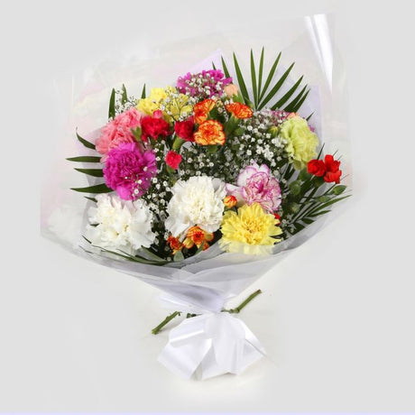 Lollipop StarLollipop Star, We know how much you like this bouquet! lovely fresh Carnations contrast against the white Gypsophila, with palm leaves, a lovely Bouquet of flowers. Colours may vary from the image shown. Beautifully wrapped.£12.99