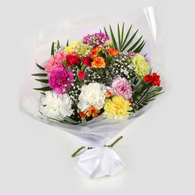 Lollipop StarLollipop Star, We know how much you like this bouquet! lovely fresh Carnations contrast against the white Gypsophila, with palm leaves, a lovely Bouquet of flowers. Colours may vary from the image shown. Beautifully wrapped.£12.99