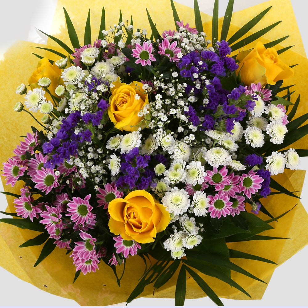 Birthday Balloon & Charm Bouquet FlowersBirthday Balloon & Charm Bouquet, This beautiful bouquet says everything. a beautiful gift,this bouquet is made up of Santini Chrsyanthemums, Yellow Roses, Statice with Foliage. Beautifully wrapped and tied with rib