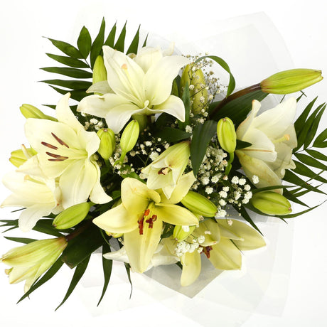 A Classic White Lilies BouquetA Classic White Lilies Bouquet flowers Beautifully wrapped and tied with ribbon before being delivered. A Beautiful Bouquet Hand Tied Flowers. Delivering Great Value Fresh Cut Flowers. Add Personalised Message At Checkout. Fr