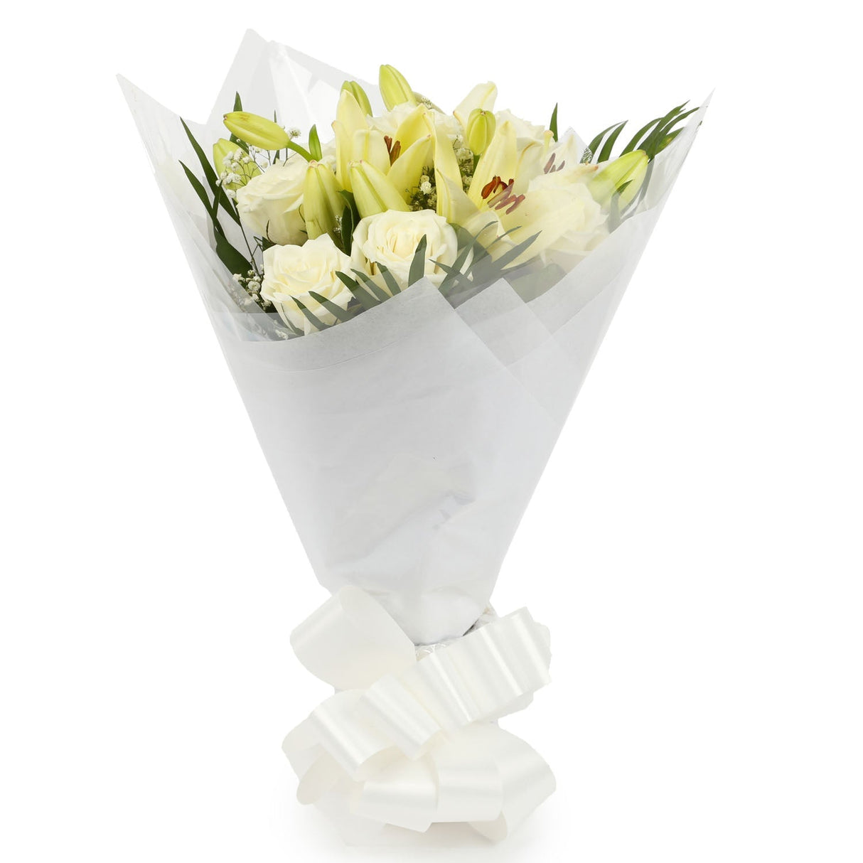 A Classic White Lilies BouquetA Classic White Lilies Bouquet flowers Beautifully wrapped and tied with ribbon before being delivered. A Beautiful Bouquet Hand Tied Flowers. Delivering Great Value Fresh Cut Flowers. Add Personalised Message At Checkout. Fr