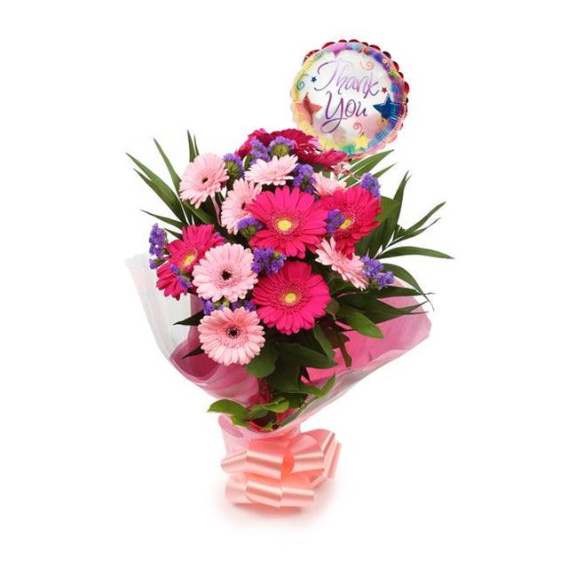 Thank You Balloon & Gerbera BlushThis Beautiful Bouquet with Balloon, carefully selected flowers with foliage are expertly arranged to create this dramatic design. This stunning gift is the ultimate gift to create an impression. Beautifully wrapped and ti