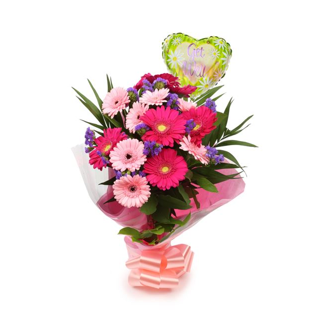 Get Well Balloon & Gerbera Blush FlowersThis Beautiful Bouquet with Balloon , carefully selected flowers with foliage are expertly arranged to create this dramatic design. This stunning gift is the ultimate gift to create an impression. Beautifully wrappe