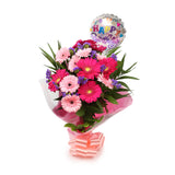 Birthday Balloon & Gerbera Blush FlowersThis Beautiful Bouquet with Balloon , carefully selected flowers with foliage are expertly arranged to create this dramatic design. This stunning gift is the ultimate gift to create an impression. Beautifully wrappe